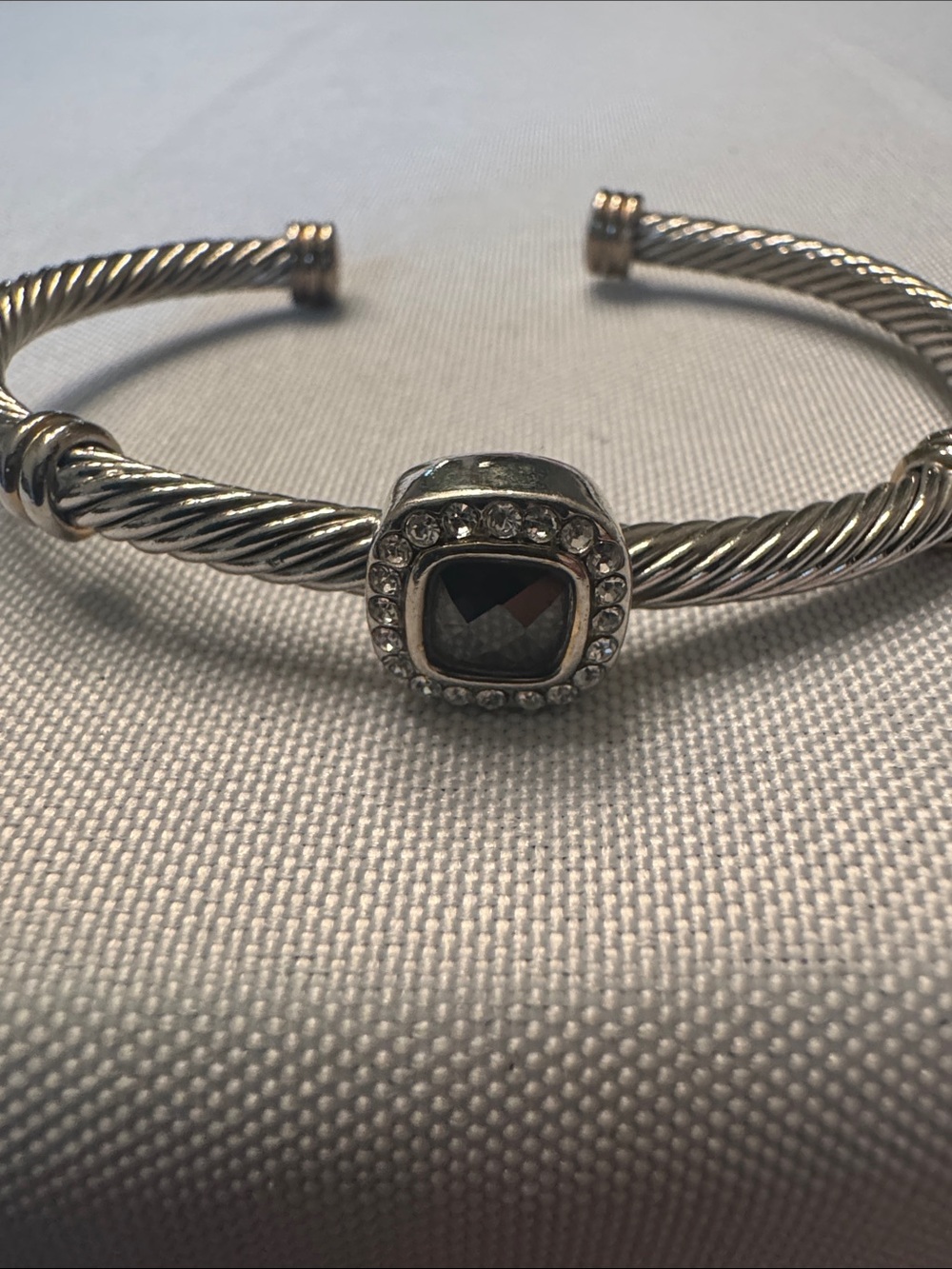 Silver-Tone Twisted Cable Cuff Bracelet with Black Faceted Center